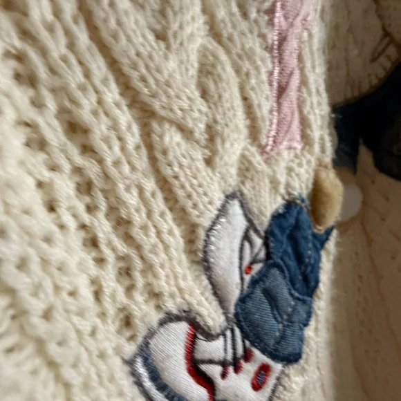 VTG Together! Sweater med Cream Embroidered Teddy Bear Wool Cable Knit 90s - Picture 3 of 5